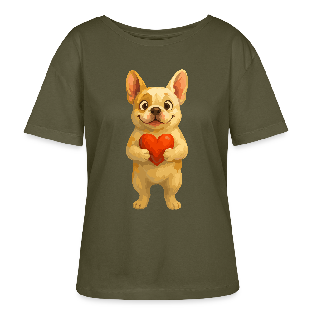 Französische Bulldogge Shirt mit Herz Cartoon – Liebevolles Hunde Motiv für Valentinstag, Freundschaft und Geschenkideen - Khaki