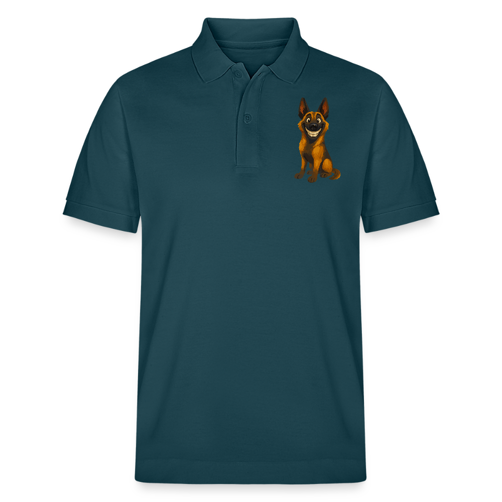 Malinois Poloshirt Grinsender Cartoon – lustiger Belgischer Schäferhund im gemalten Stil als humorvolles Hunde Motiv für Hundeliebhaber - Dunkles Petrol
