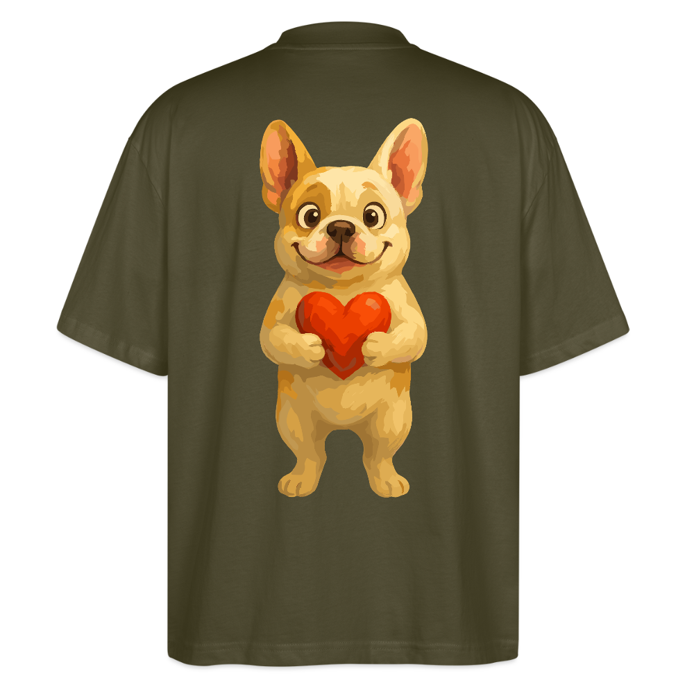 Französische Bulldogge Oversized mit Herz Cartoon – Liebevolles Hunde Motiv für Valentinstag, Freundschaft und Geschenkideen - Khaki