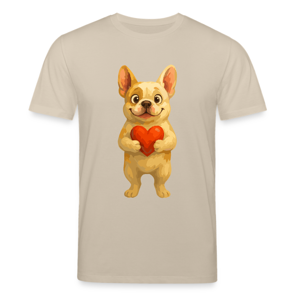 Französische Bulldogge T-Shirt mit Herz Cartoon – Liebevolles Hunde Motiv für Valentinstag, Freundschaft und Geschenkideen - Beige
