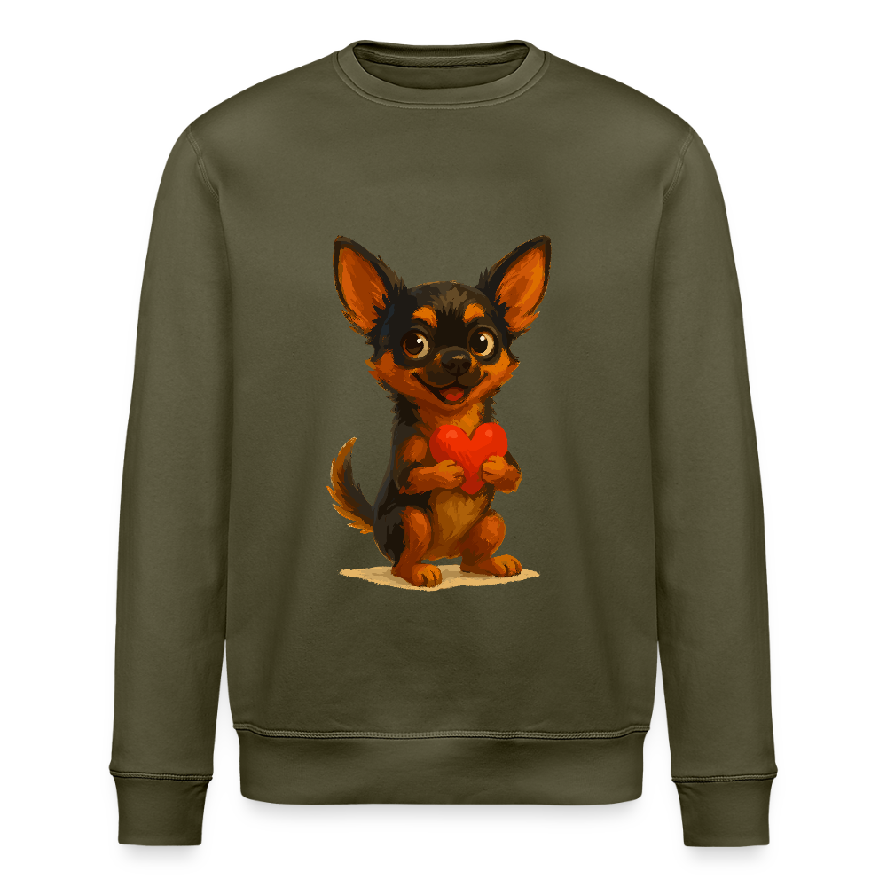 Chihuahua Sweatshirt Cartoon Hund mit Herz – süßes Tiermotiv, Geschenkidee für Hundefans, Valentinstag und romantische Anlässe - Khaki