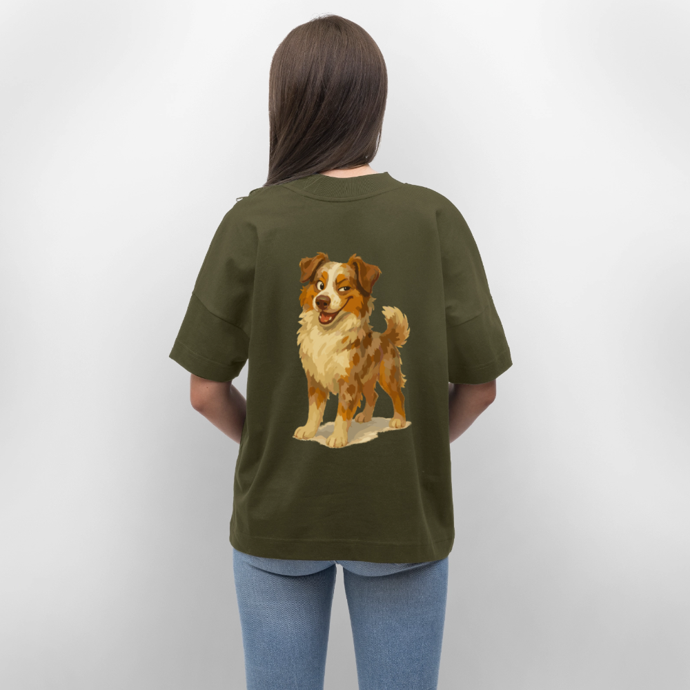 Australian Shepherd Oversized Frecher Cartoon mit verschmitztem Grinsen – Humorvolles Hunde Motiv für Tierfreunde und Geschenkideen - Khaki