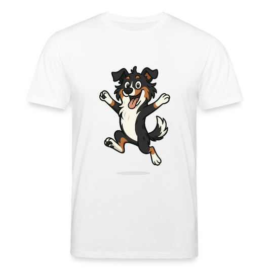 Australian Shepherd T-Shirt Cartoon hüpfend – Fröhliches Hunde Motiv voller Freude und Energie für Hundeliebhaber und Geschenkideen - Weiß