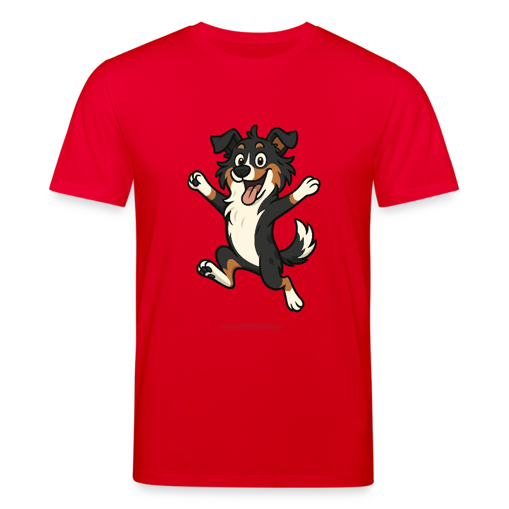 Australian Shepherd T-Shirt Cartoon hüpfend – Fröhliches Hunde Motiv voller Freude und Energie für Hundeliebhaber und Geschenkideen - Rot