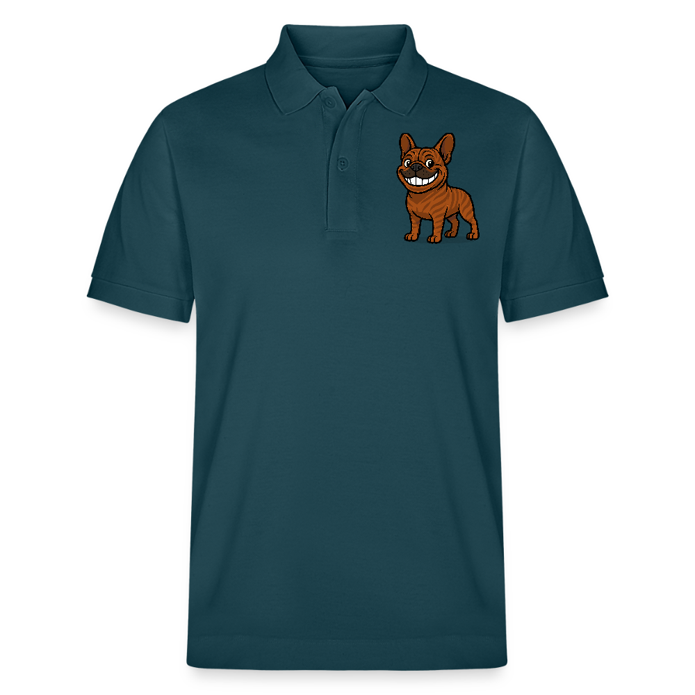 Französische Bulldogge Poloshirt - Cartoon mit breitem Grinsen – Lustiges Hunde Motiv für Humor-Fans, Tierfreunde und Geschenkideen - Dunkles Petrol