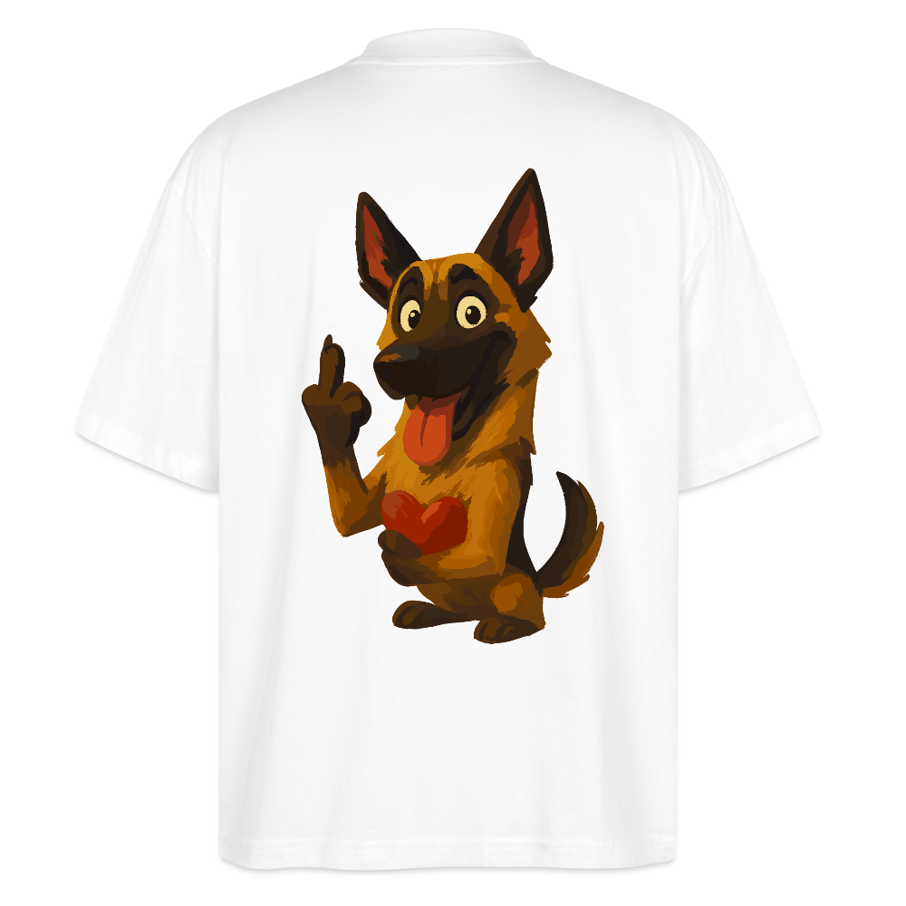 Frecher Malinois Oversized mit Herz – witziges und provokantes Hunde Cartoon Motiv für Hundeliebhaber mit Sinn für Humor - Weiß