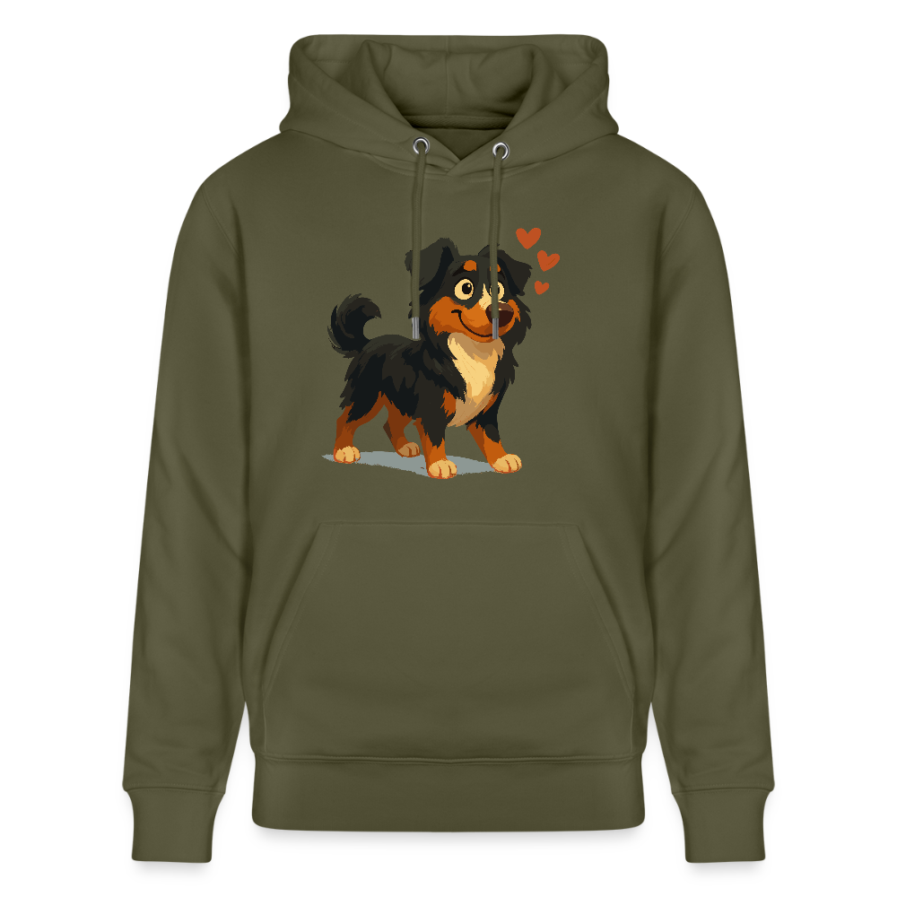 Australian Shepherd Hoodie Verliebter Cartoon mit roten Herzen – Liebevolles Hunde Motiv für Valentinstag, Freundschaft und Geschenkideen - Khaki Grün