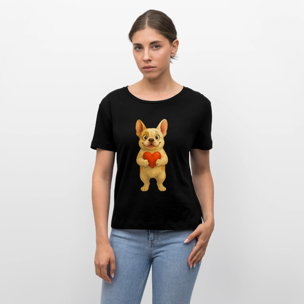 Französische Bulldogge Shirt mit Herz Cartoon – Liebevolles Hunde Motiv für Valentinstag, Freundschaft und Geschenkideen - Schwarz