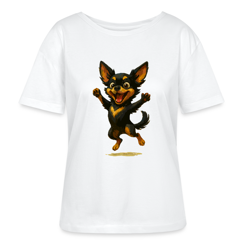 Fröhlicher Chihuahua Cartoon Hund – hüpfendes Tiermotiv voller Lebensfreude, witzige Geschenkidee für Hundefans und Tierfreunde - Weiß