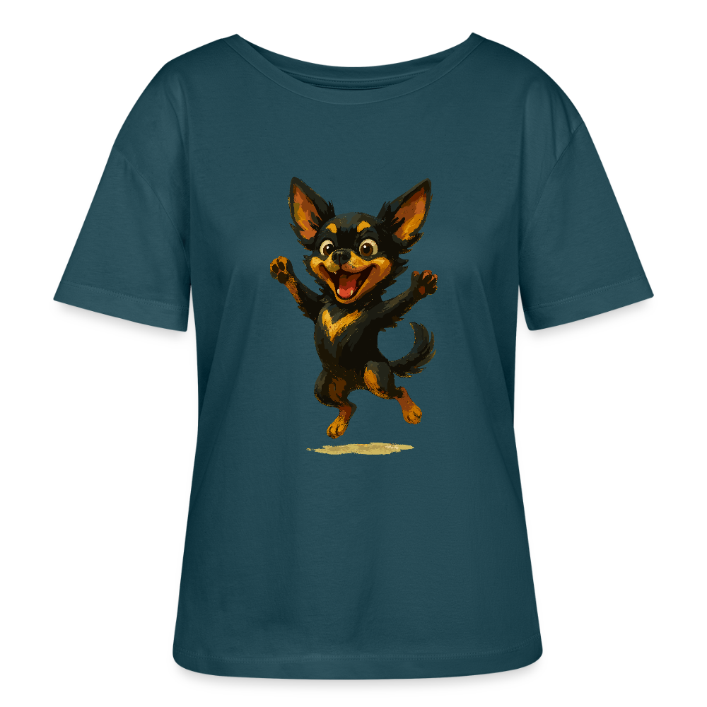 Fröhlicher Chihuahua Cartoon Hund – hüpfendes Tiermotiv voller Lebensfreude, witzige Geschenkidee für Hundefans und Tierfreunde - Dunkles Petrol