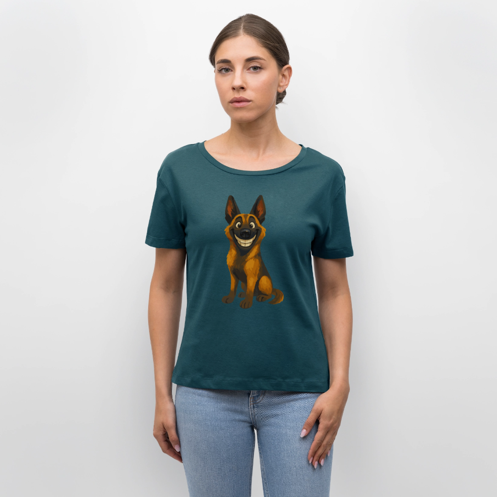 Malinois Shirt Grinsender Cartoon – lustiger Belgischer Schäferhund im gemalten Stil als humorvolles Hunde Motiv für Hundeliebhaber - Dunkles Petrol