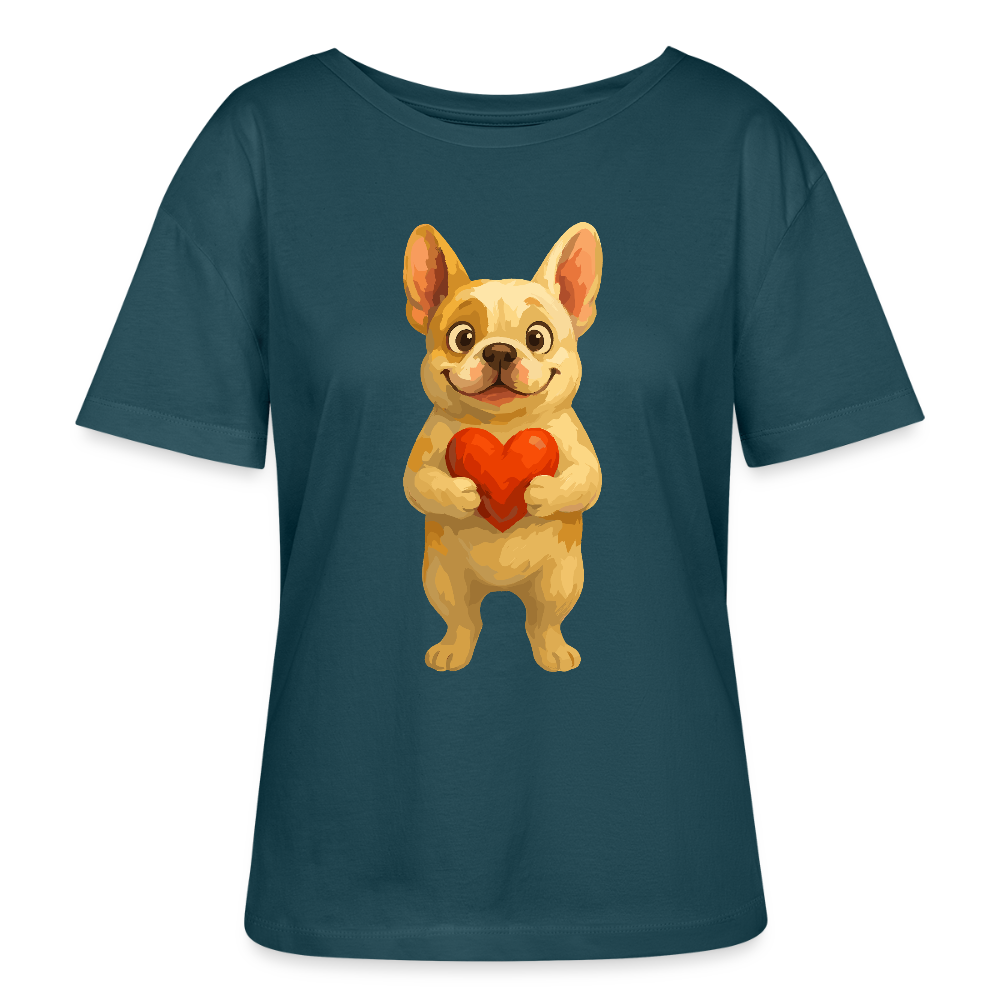 Französische Bulldogge Shirt mit Herz Cartoon – Liebevolles Hunde Motiv für Valentinstag, Freundschaft und Geschenkideen - Dunkles Petrol