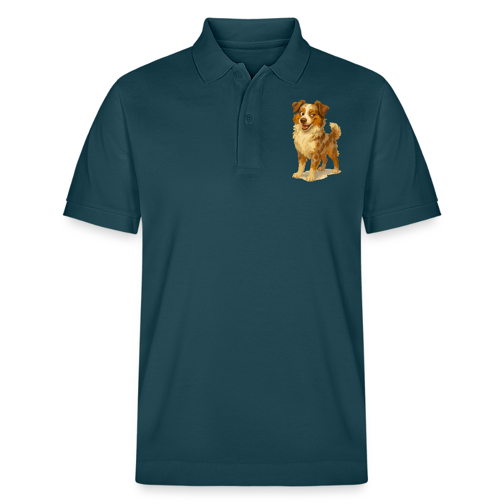 Australian Shepherd Poloshirt Frecher Cartoon mit verschmitztem Grinsen – Humorvolles Hunde Motiv für Tierfreunde und Geschenkideen - Dunkles Petrol