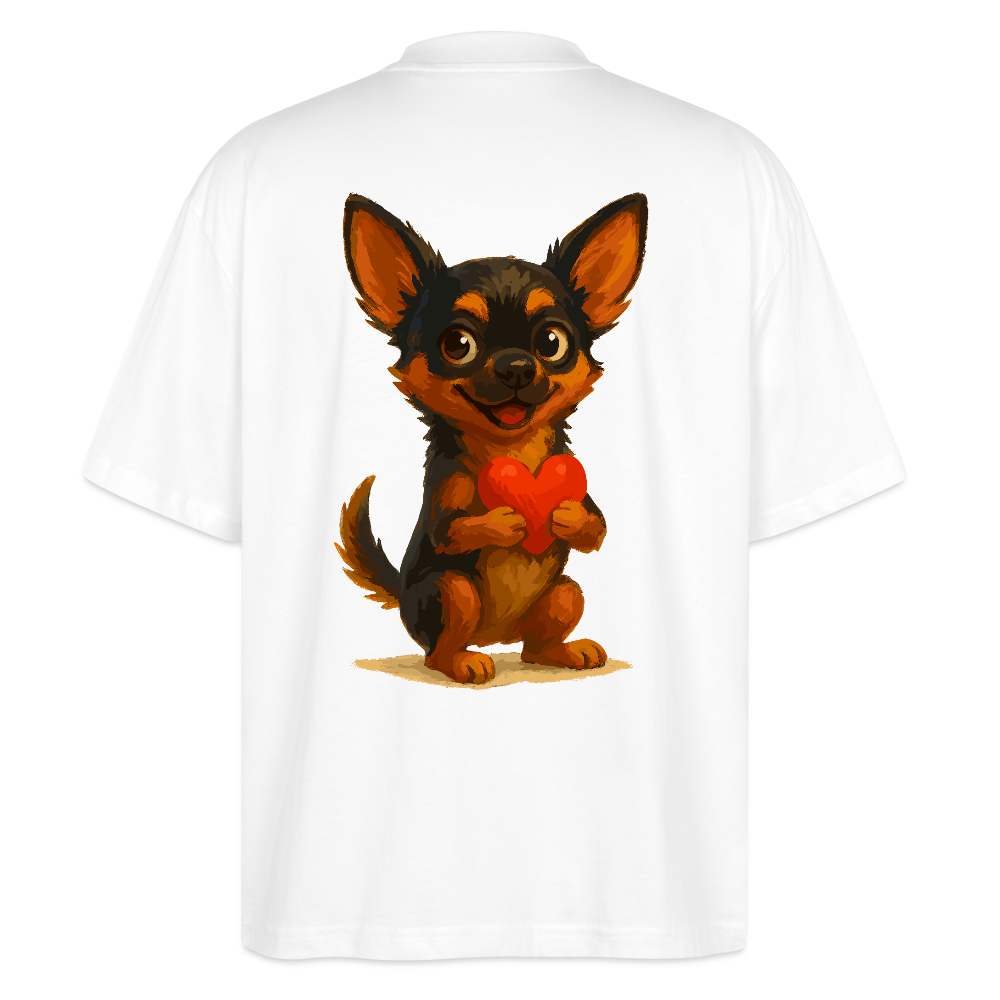 Chihuahua Oversized Cartoon Hund mit Herz – süßes Tiermotiv, Geschenkidee für Hundefans, Valentinstag und romantische Anlässe - Weiß