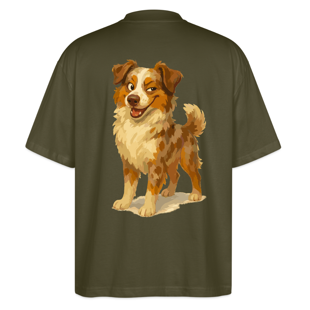 Australian Shepherd Oversized Frecher Cartoon mit verschmitztem Grinsen – Humorvolles Hunde Motiv für Tierfreunde und Geschenkideen - Khaki
