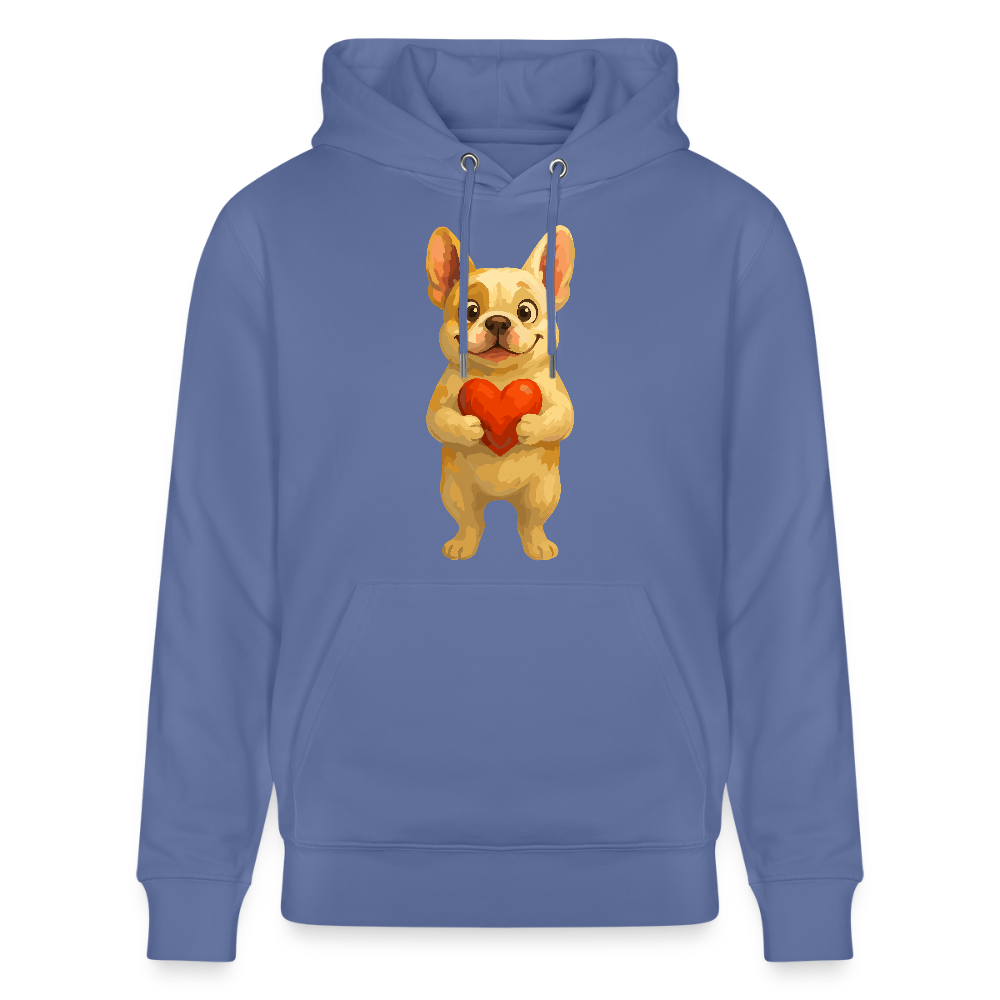 Französische Bulldogge Hoodie mit Herz Cartoon – Liebevolles Hunde Motiv für Valentinstag, Freundschaft und Geschenkideen - Blau