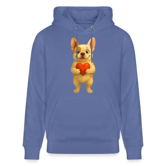 Französische Bulldogge Hoodie mit Herz Cartoon – Liebevolles Hunde Motiv für Valentinstag, Freundschaft und Geschenkideen - Blau