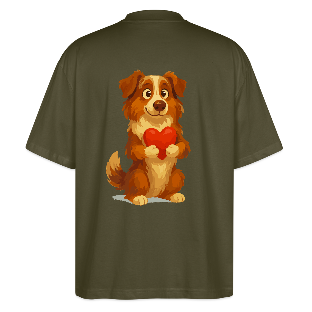 Australian Shepherd Oversized Süßer Cartoon mit Herz – Liebevolles Hunde Motiv für Valentinstag, Freundschaft und Geschenkideen - Khaki