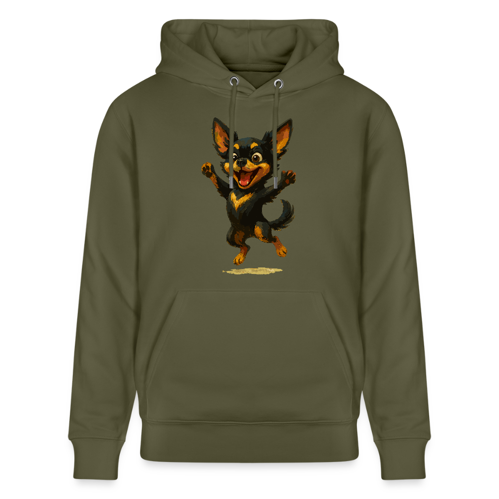 Fröhlicher Chihuahua Cartoon Hund – hüpfendes Tiermotiv voller Lebensfreude, witzige Geschenkidee für Hundefans und Tierfreunde - Khaki Grün