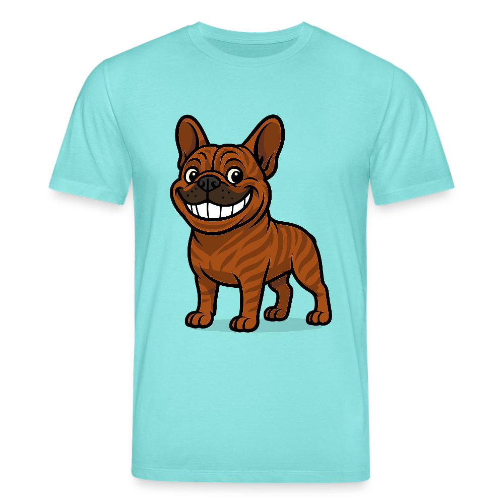 Französische Bulldogge T-Shirt - Cartoon mit breitem Grinsen – Lustiges Hunde Motiv für Humor-Fans, Tierfreunde und Geschenkideen - Poolblau