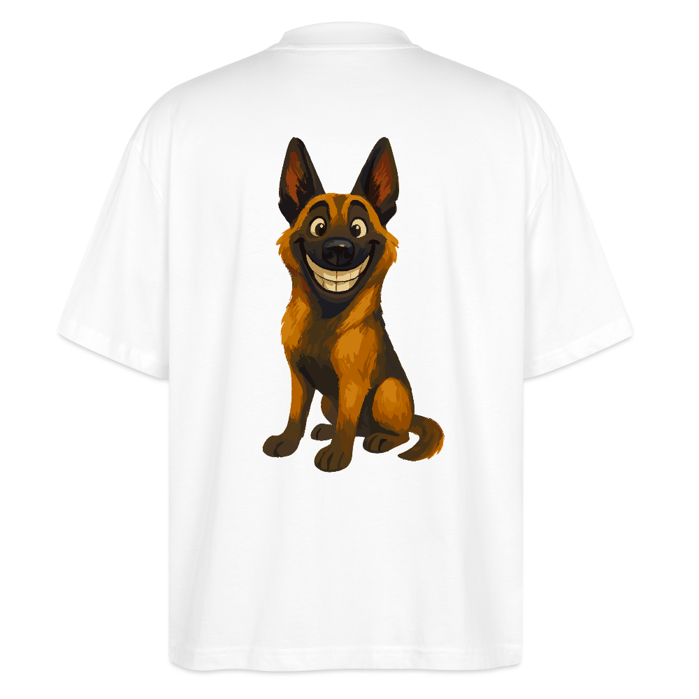 Malinois Oversized Grinsender Cartoon – lustiger Belgischer Schäferhund im gemalten Stil als humorvolles Hunde Motiv für Hundeliebhaber - Weiß