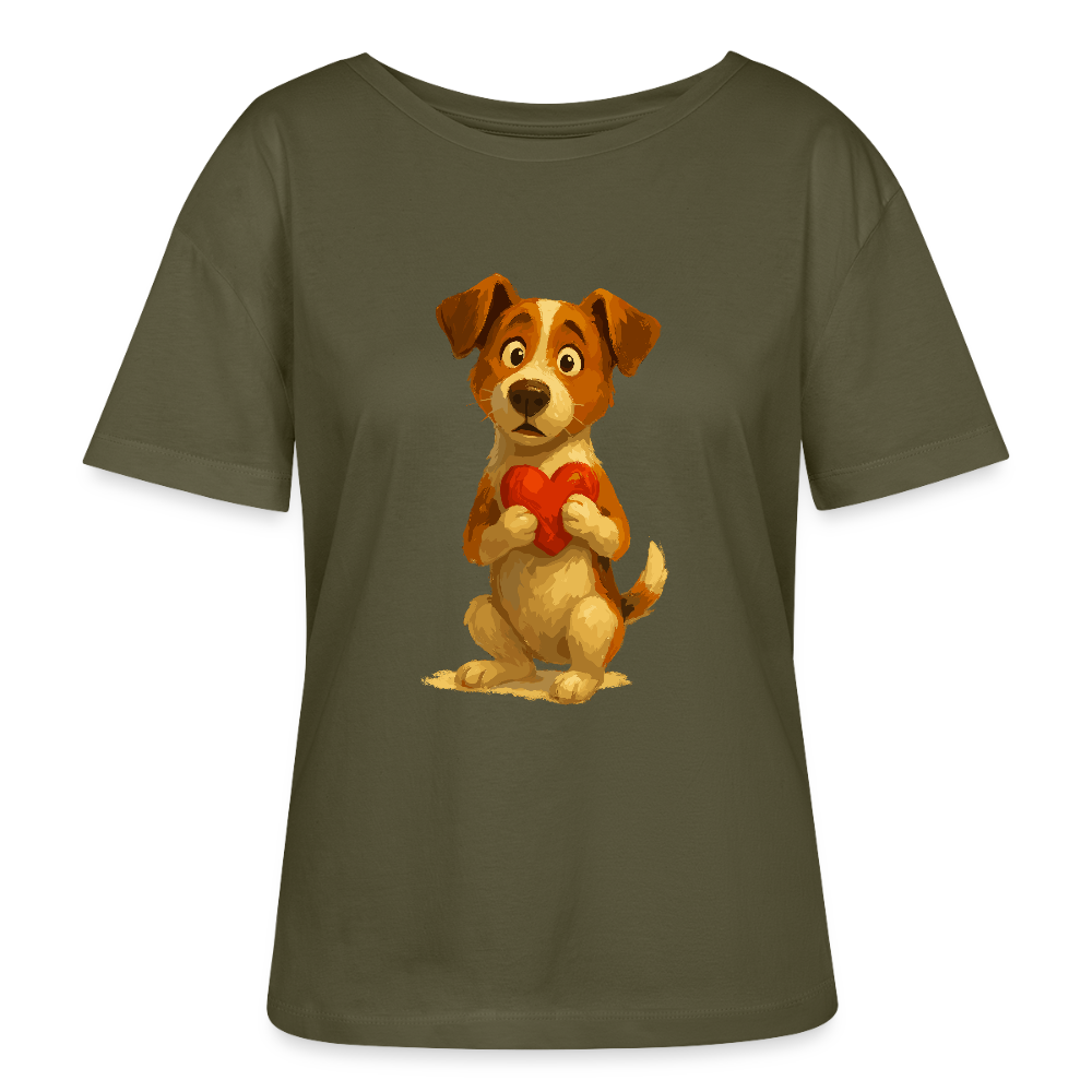 Jack Russell Terrier Shirt mit Herz – süßes Cartoon Motiv, liebevoller Hund, Geschenkidee für Valentinstag und Hundeliebhaber - Khaki