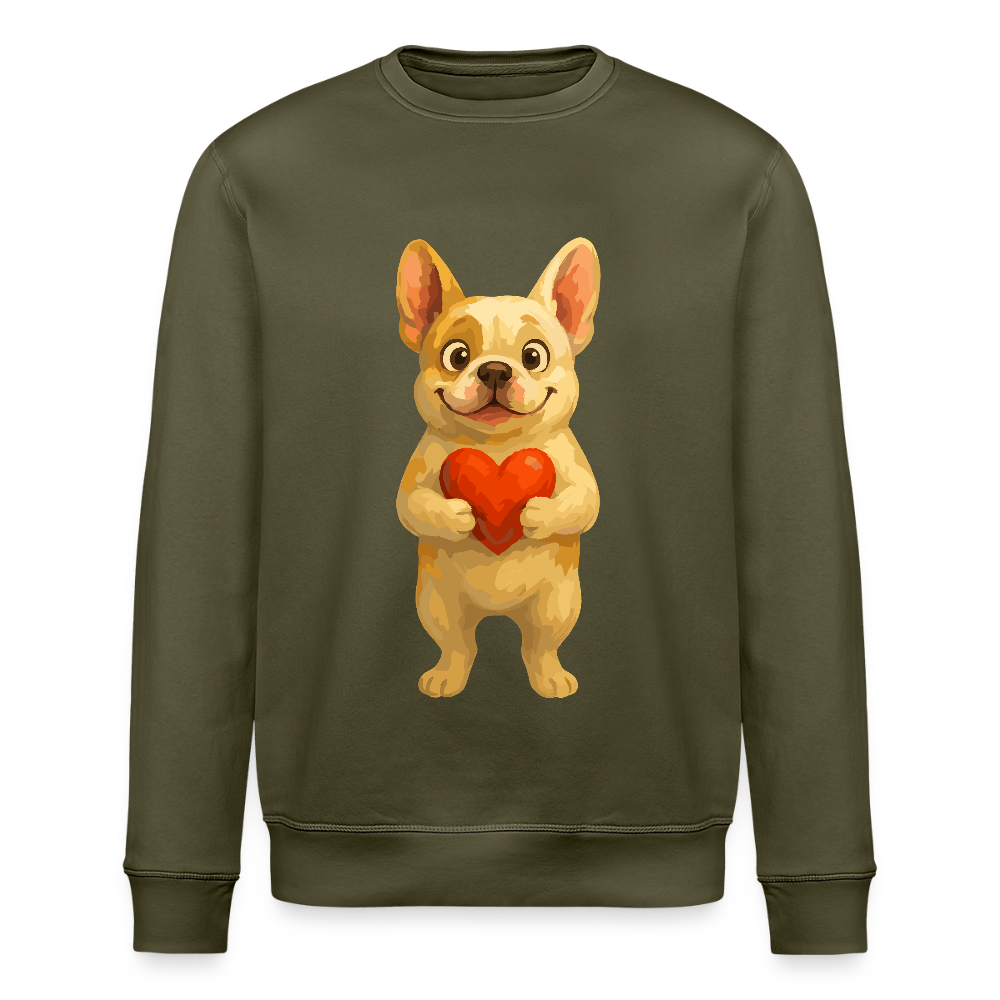 Französische Bulldogge Sweatshirt mit Herz Cartoon – Liebevolles Hunde Motiv für Valentinstag, Freundschaft und Geschenkideen - Khaki