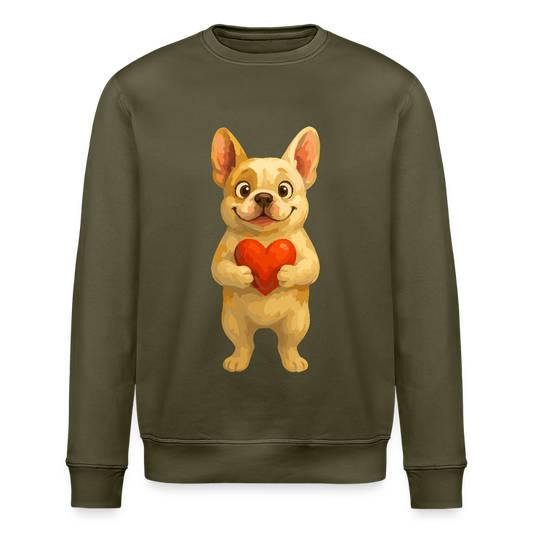 Französische Bulldogge Sweatshirt mit Herz Cartoon – Liebevolles Hunde Motiv für Valentinstag, Freundschaft und Geschenkideen - Khaki