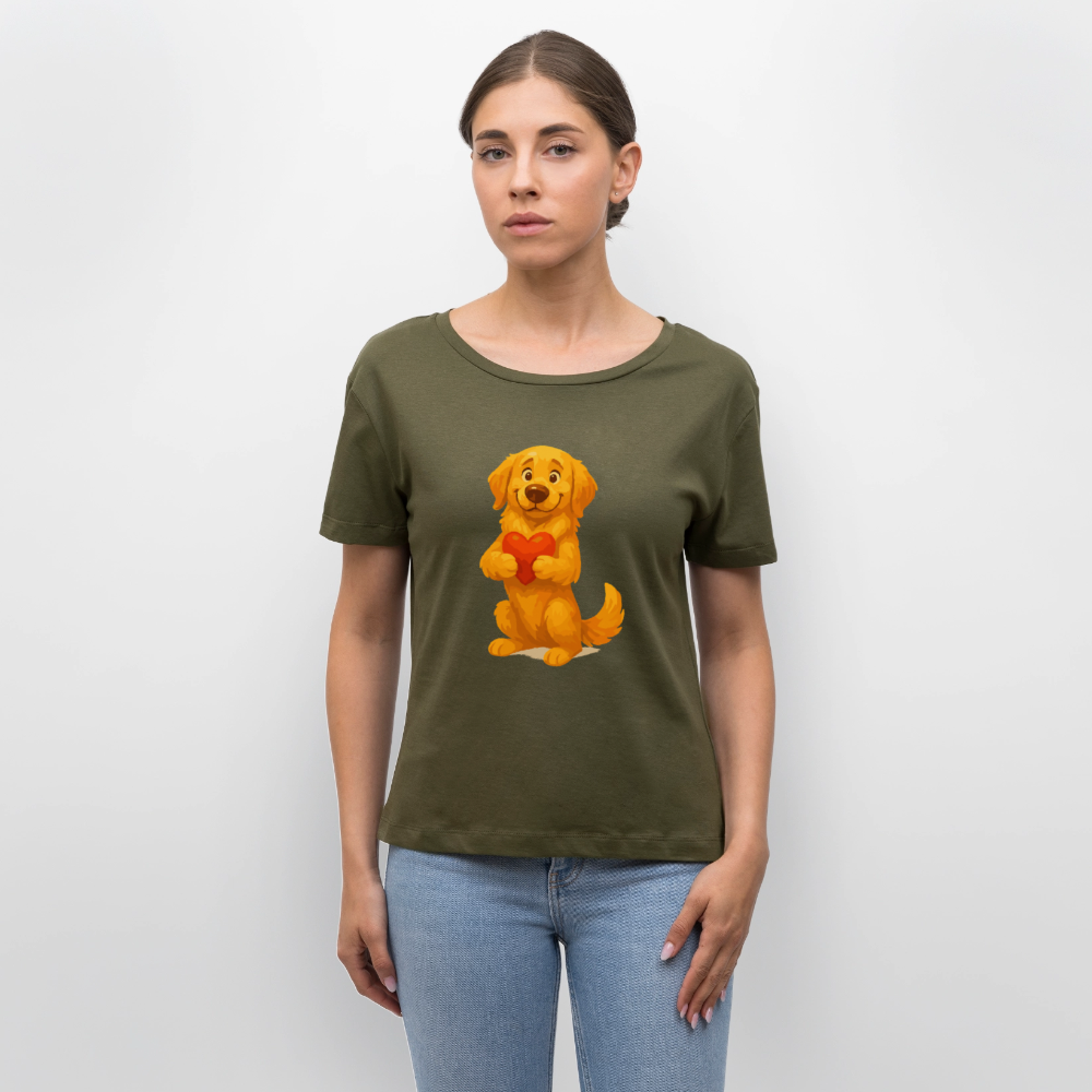 Golden Retriever Shirt mit Herz – süßer Cartoon Hund, liebevolles Motiv für Hundeliebhaber, Valentinstag oder besondere Geschenkideen - Khaki