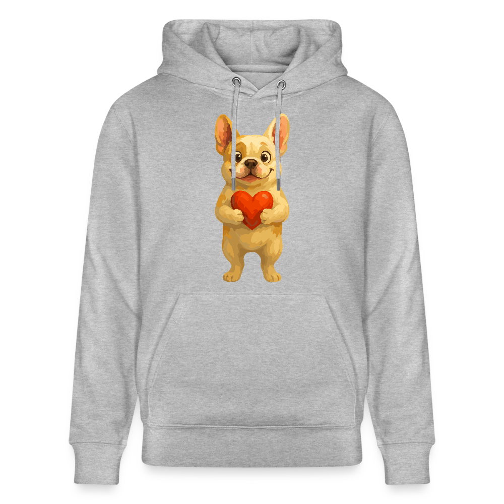 Französische Bulldogge Hoodie mit Herz Cartoon – Liebevolles Hunde Motiv für Valentinstag, Freundschaft und Geschenkideen - Grau meliert