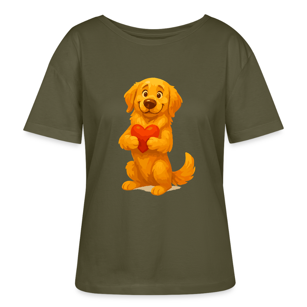 Golden Retriever Shirt mit Herz – süßer Cartoon Hund, liebevolles Motiv für Hundeliebhaber, Valentinstag oder besondere Geschenkideen - Khaki