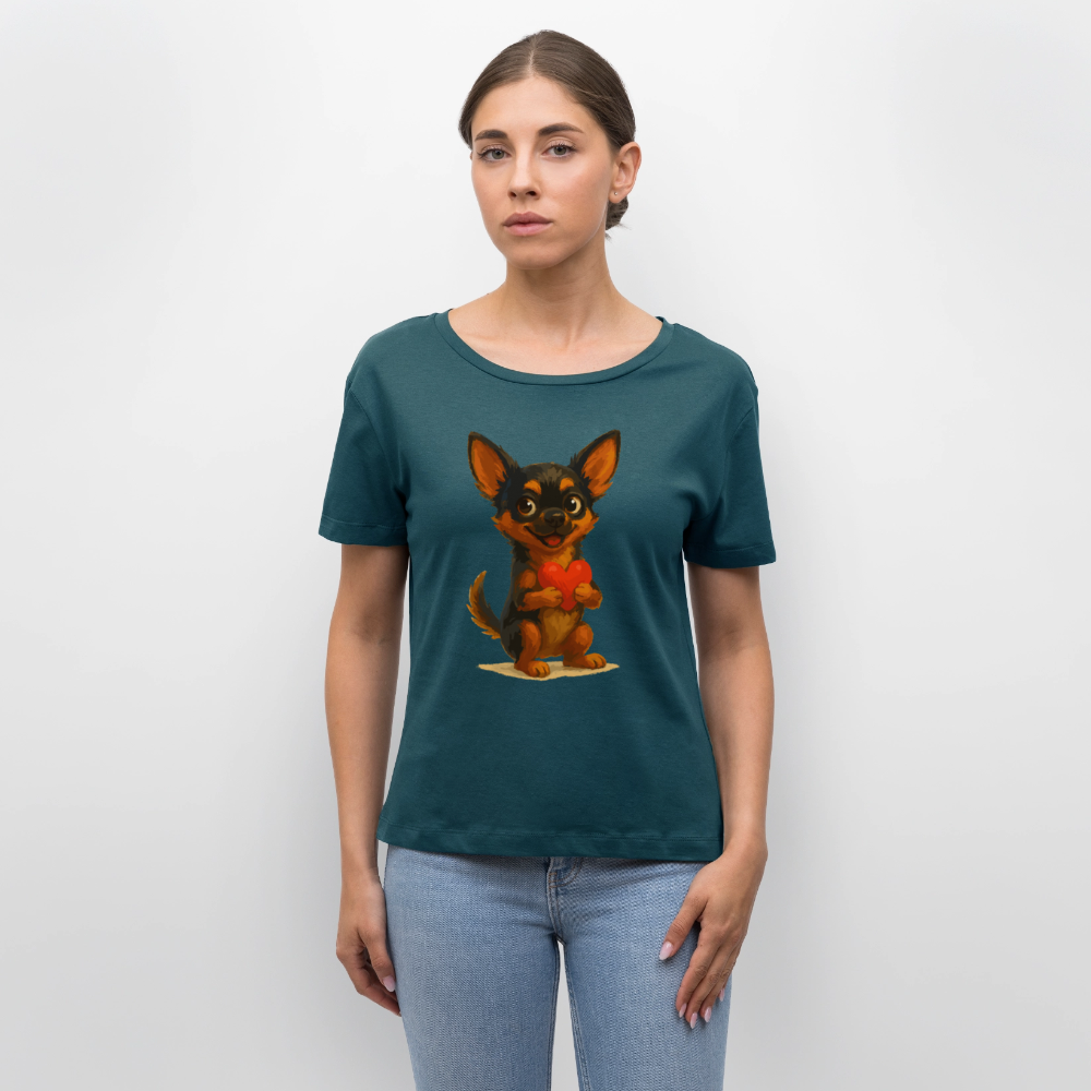Chihuahua Shirt Cartoon Hund mit Herz – süßes Tiermotiv, Geschenkidee für Hundefans, Valentinstag und romantische Anlässe - Dunkles Petrol