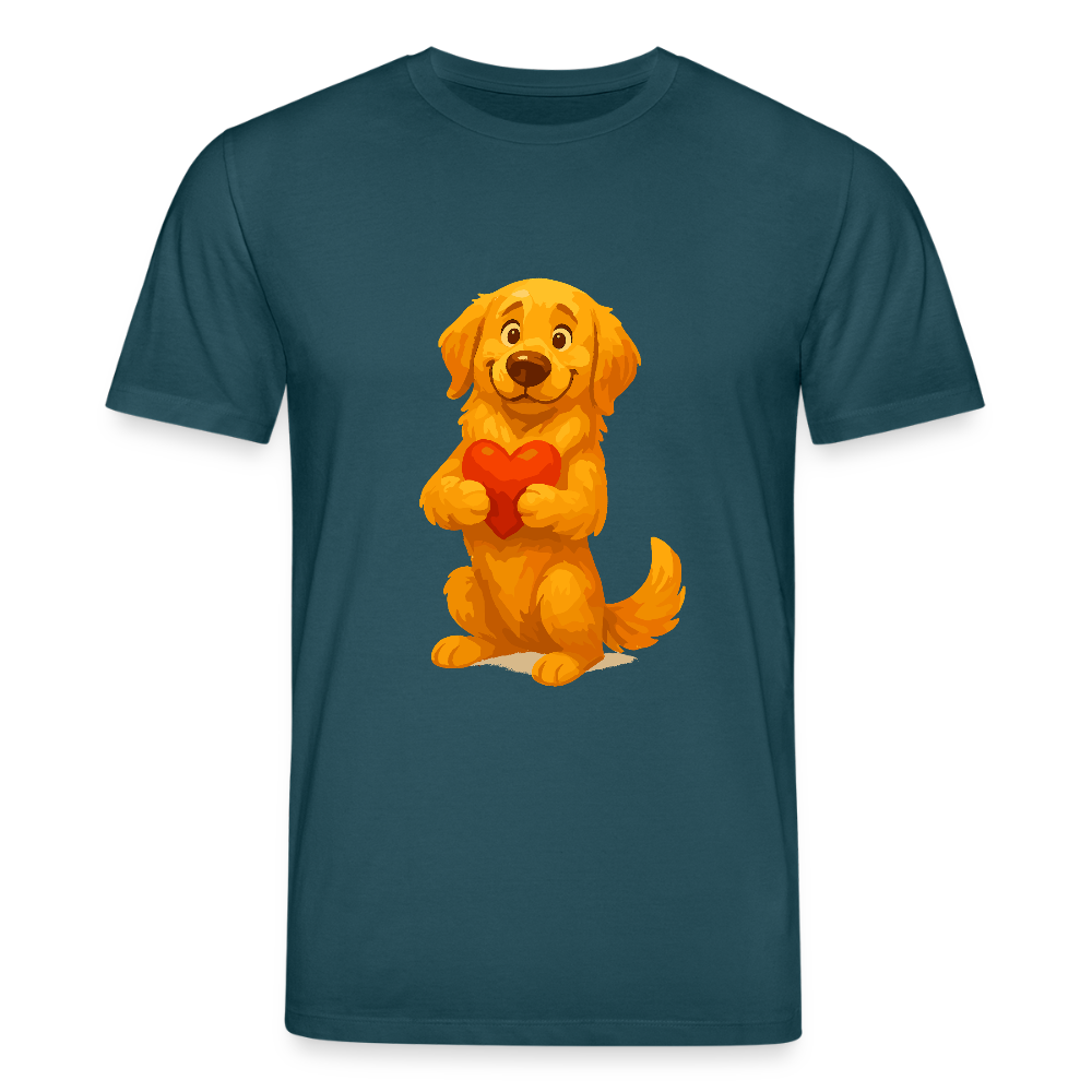 Golden Retriever T-Shirt mit Herz – süßer Cartoon Hund, liebevolles Motiv für Hundeliebhaber, Valentinstag oder besondere Geschenkideen - Dunkles Petrol