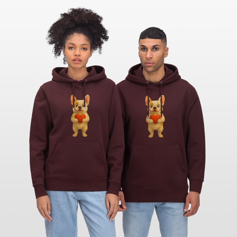 Französische Bulldogge Hoodie mit Herz Cartoon – Liebevolles Hunde Motiv für Valentinstag, Freundschaft und Geschenkideen - Maroon