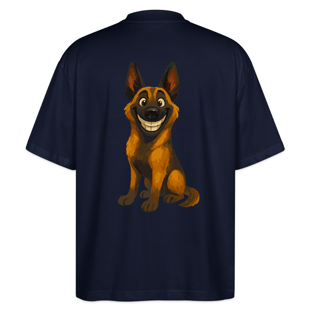 Malinois Oversized Grinsender Cartoon – lustiger Belgischer Schäferhund im gemalten Stil als humorvolles Hunde Motiv für Hundeliebhaber - Navy
