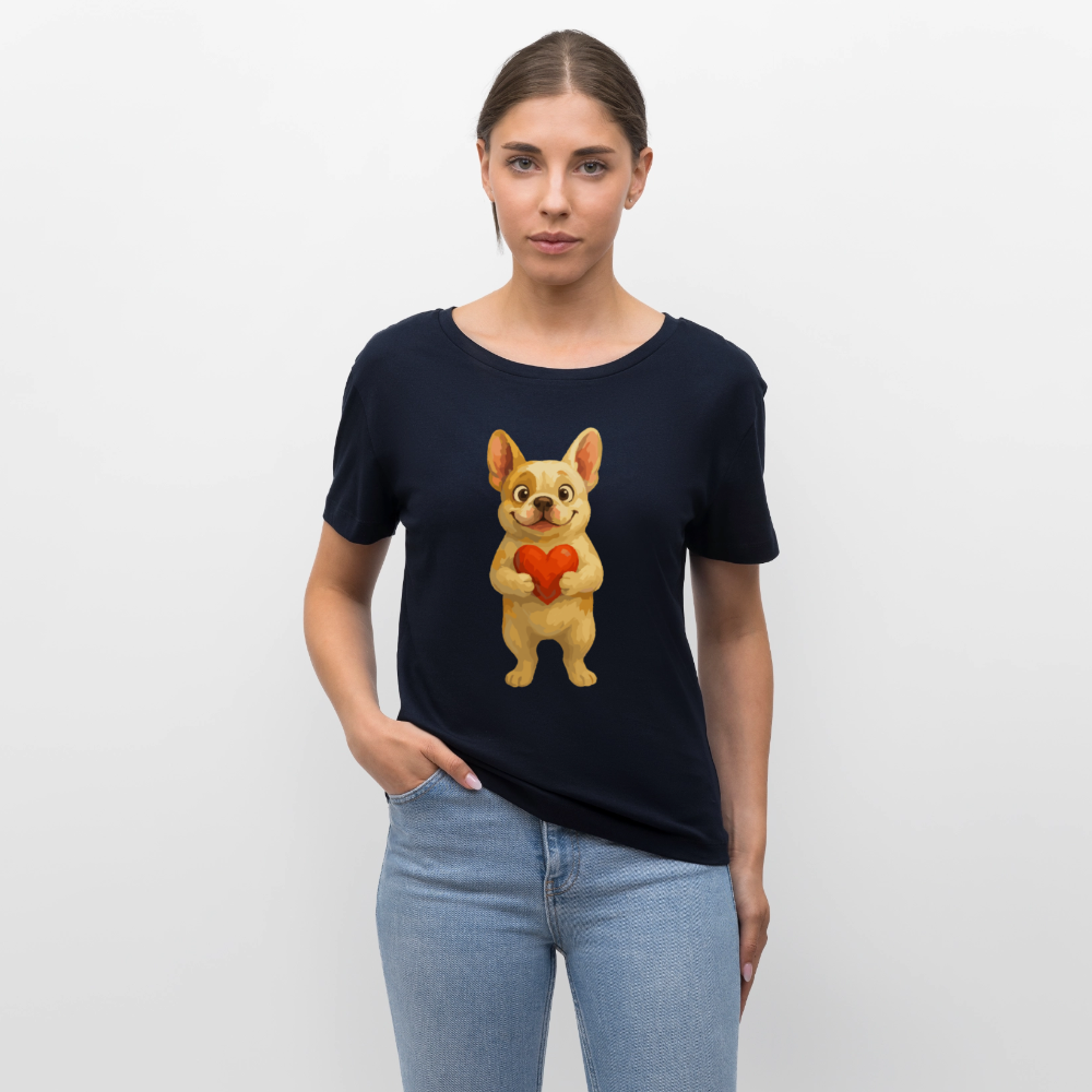 Französische Bulldogge Shirt mit Herz Cartoon – Liebevolles Hunde Motiv für Valentinstag, Freundschaft und Geschenkideen - Navy
