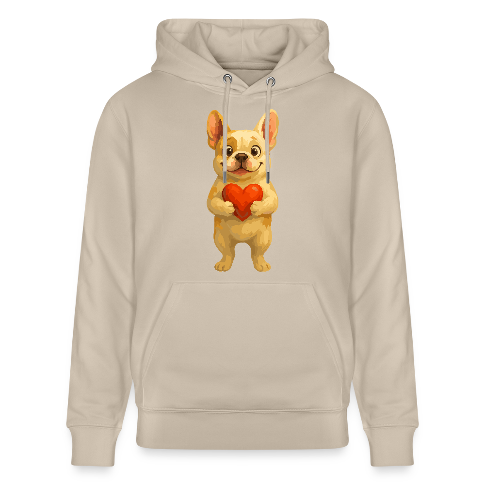 Französische Bulldogge Hoodie mit Herz Cartoon – Liebevolles Hunde Motiv für Valentinstag, Freundschaft und Geschenkideen - Beige