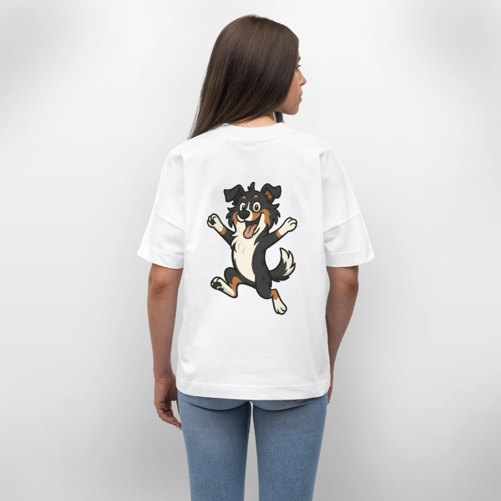 Australian Shepherd Oversized Cartoon hüpfend – Fröhliches Hunde Motiv voller Freude und Energie für Hundeliebhaber und Geschenkideen - Weiß