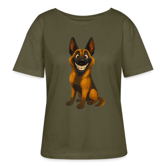Malinois Shirt Grinsender Cartoon – lustiger Belgischer Schäferhund im gemalten Stil als humorvolles Hunde Motiv für Hundeliebhaber - Khaki