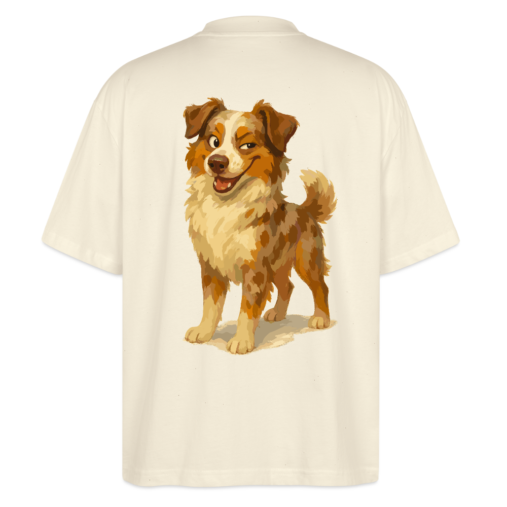 Australian Shepherd Oversized Frecher Cartoon mit verschmitztem Grinsen – Humorvolles Hunde Motiv für Tierfreunde und Geschenkideen - Weißgrau