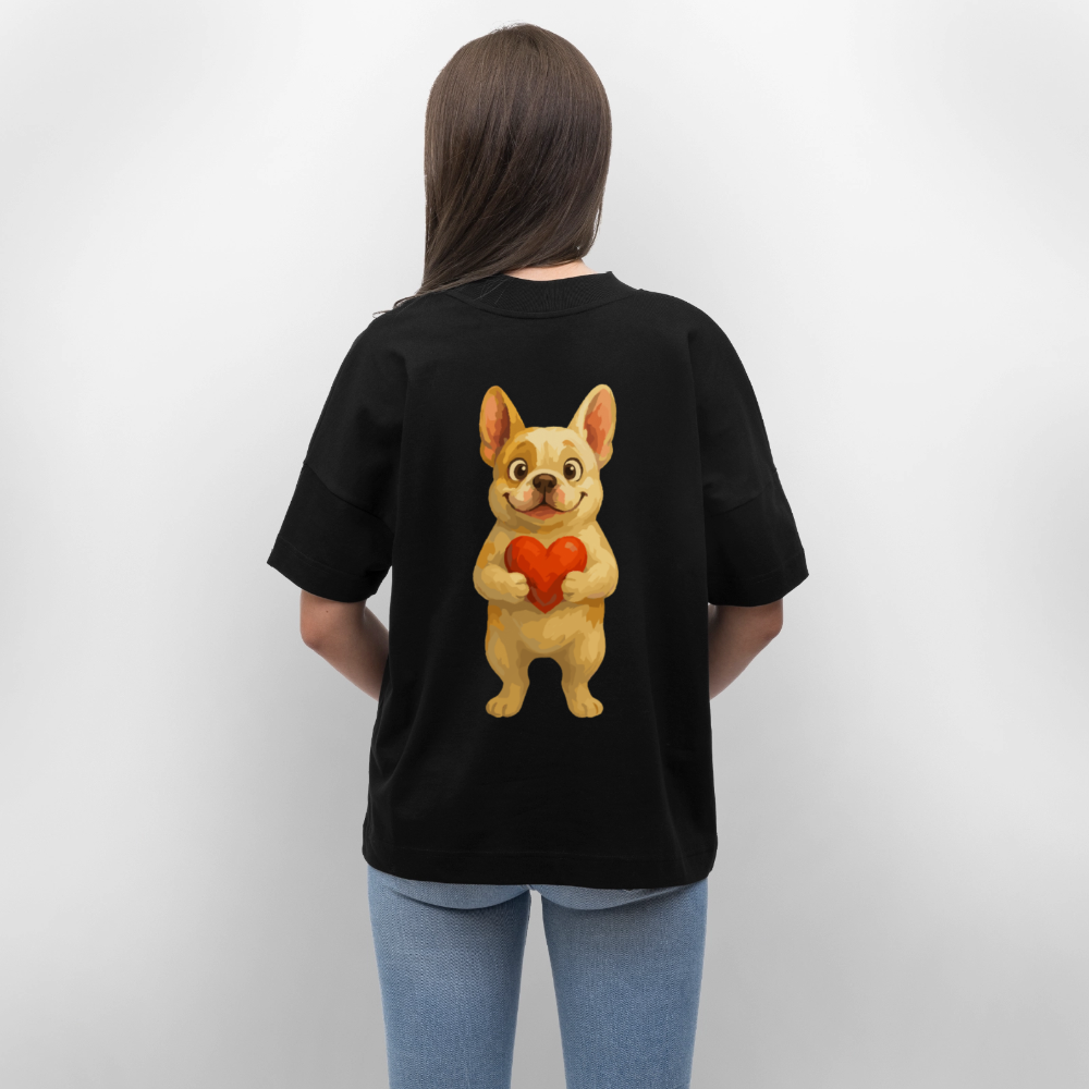 Französische Bulldogge Oversized mit Herz Cartoon – Liebevolles Hunde Motiv für Valentinstag, Freundschaft und Geschenkideen - Schwarz