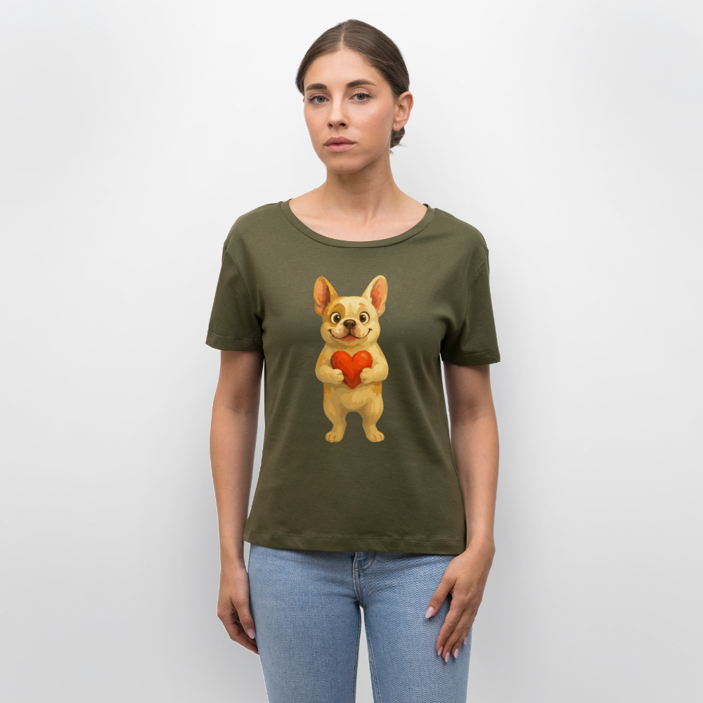 Französische Bulldogge Shirt mit Herz Cartoon – Liebevolles Hunde Motiv für Valentinstag, Freundschaft und Geschenkideen - Khaki