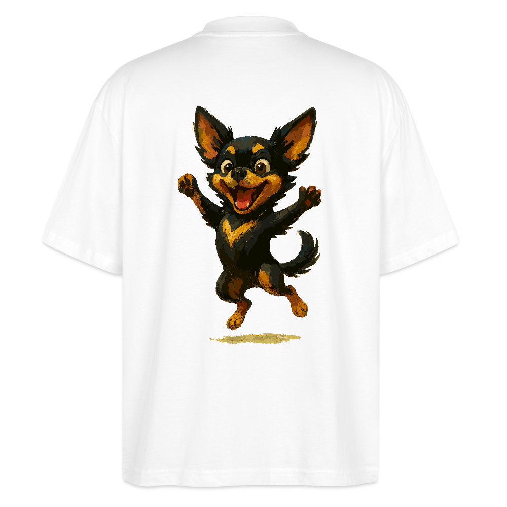 Fröhlicher Chihuahua Cartoon Hund – hüpfendes Tiermotiv voller Lebensfreude, witzige Geschenkidee für Hundefans und Tierfreunde - Weiß