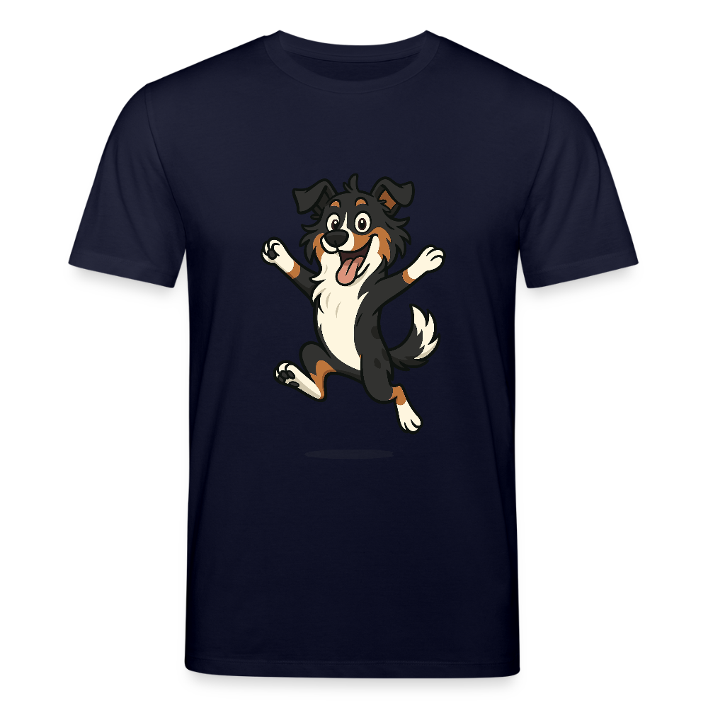 Australian Shepherd T-Shirt Cartoon hüpfend – Fröhliches Hunde Motiv voller Freude und Energie für Hundeliebhaber und Geschenkideen - Navy