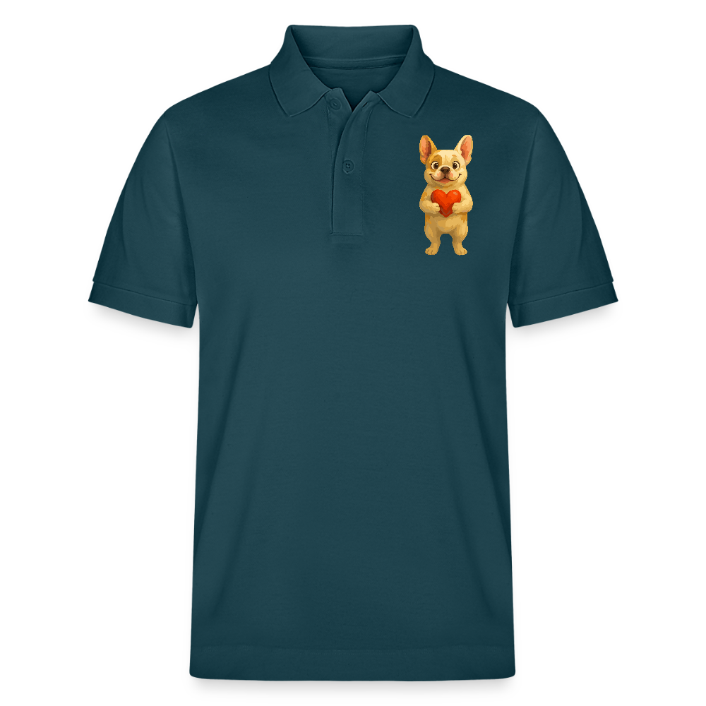 Französische Bulldogge Poloshirt mit Herz Cartoon – Liebevolles Hunde Motiv für Valentinstag, Freundschaft und Geschenkideen - Dunkles Petrol
