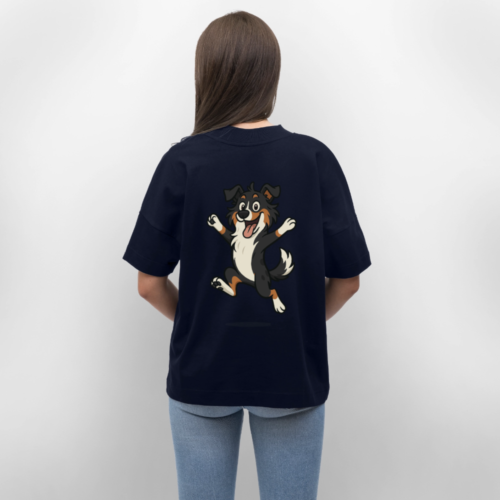 Australian Shepherd Oversized Cartoon hüpfend – Fröhliches Hunde Motiv voller Freude und Energie für Hundeliebhaber und Geschenkideen - Navy