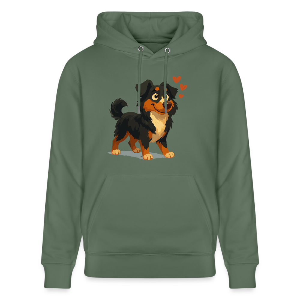 Australian Shepherd Hoodie Verliebter Cartoon mit roten Herzen – Liebevolles Hunde Motiv für Valentinstag, Freundschaft und Geschenkideen - Tanngrün