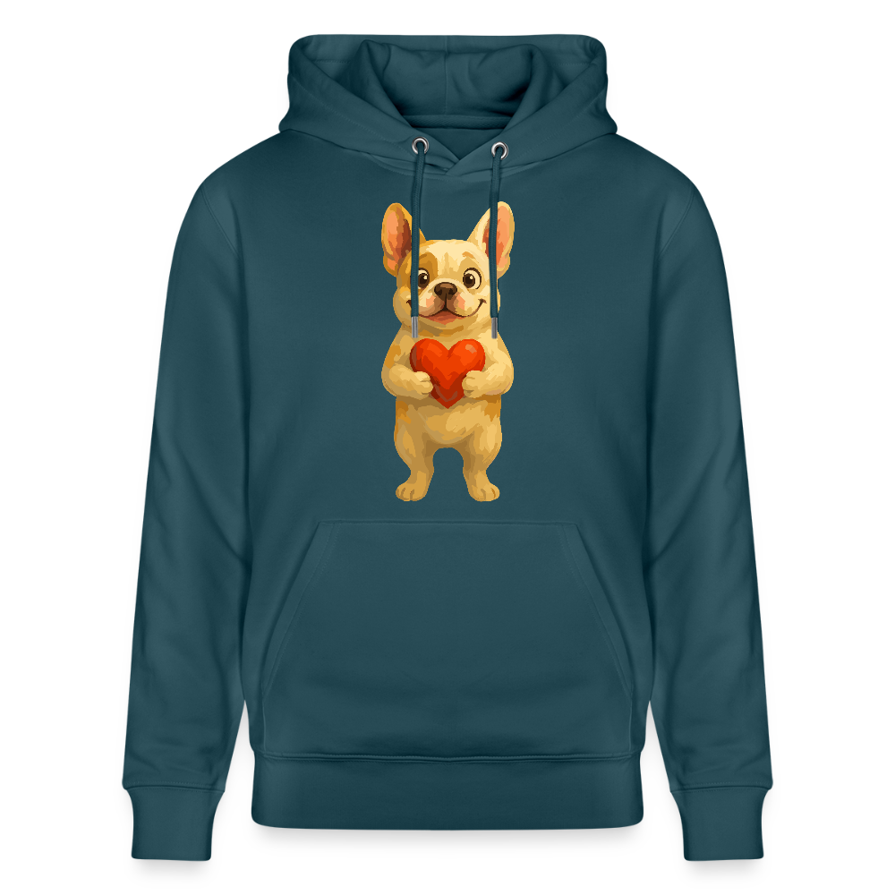 Französische Bulldogge Hoodie mit Herz Cartoon – Liebevolles Hunde Motiv für Valentinstag, Freundschaft und Geschenkideen - Dunkles Petrol