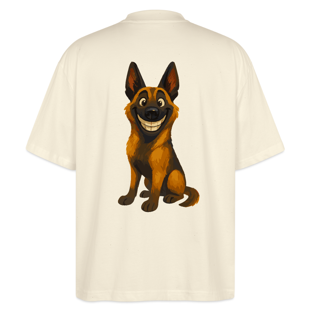 Malinois Oversized Grinsender Cartoon – lustiger Belgischer Schäferhund im gemalten Stil als humorvolles Hunde Motiv für Hundeliebhaber - Weißgrau