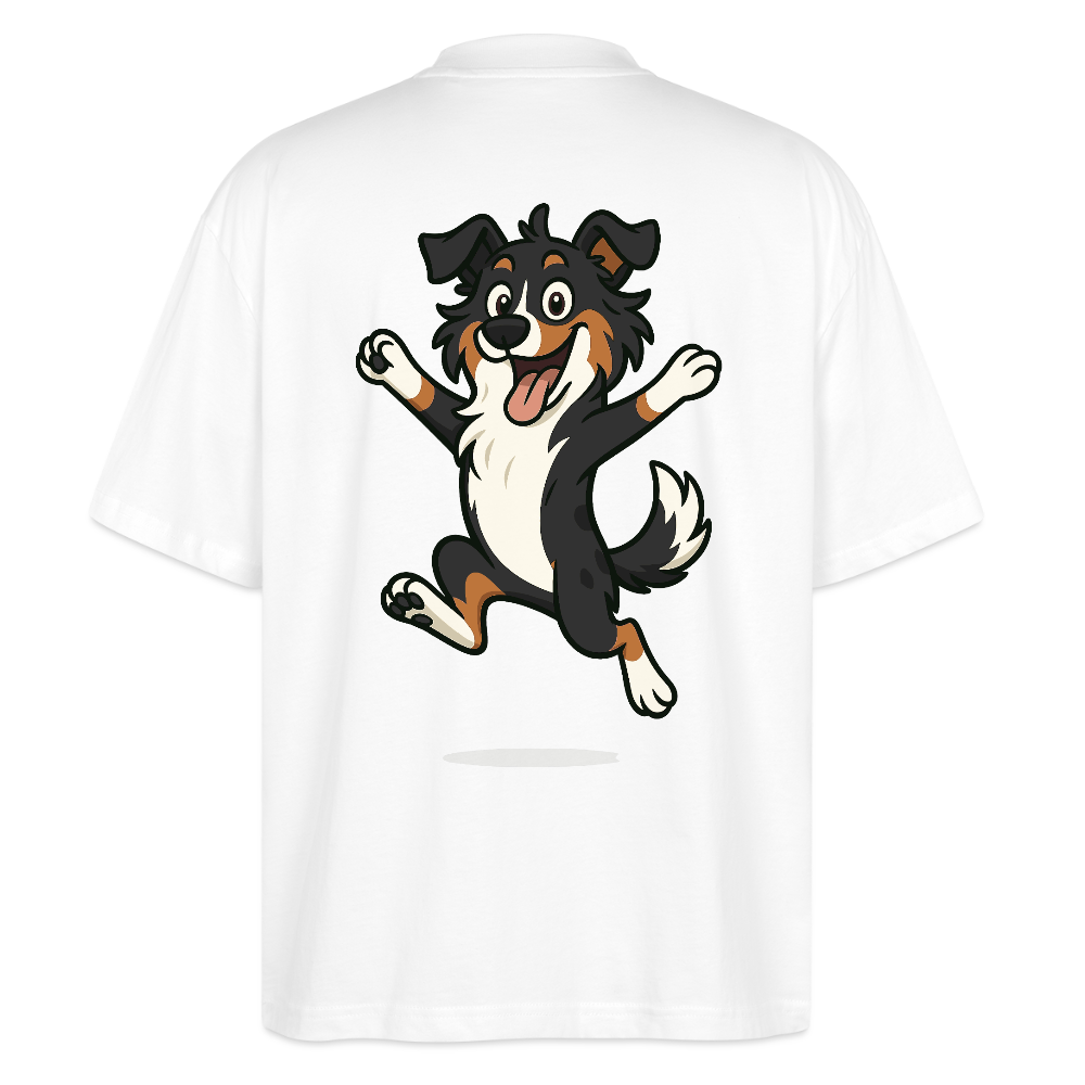Australian Shepherd Oversized Cartoon hüpfend – Fröhliches Hunde Motiv voller Freude und Energie für Hundeliebhaber und Geschenkideen - Weiß